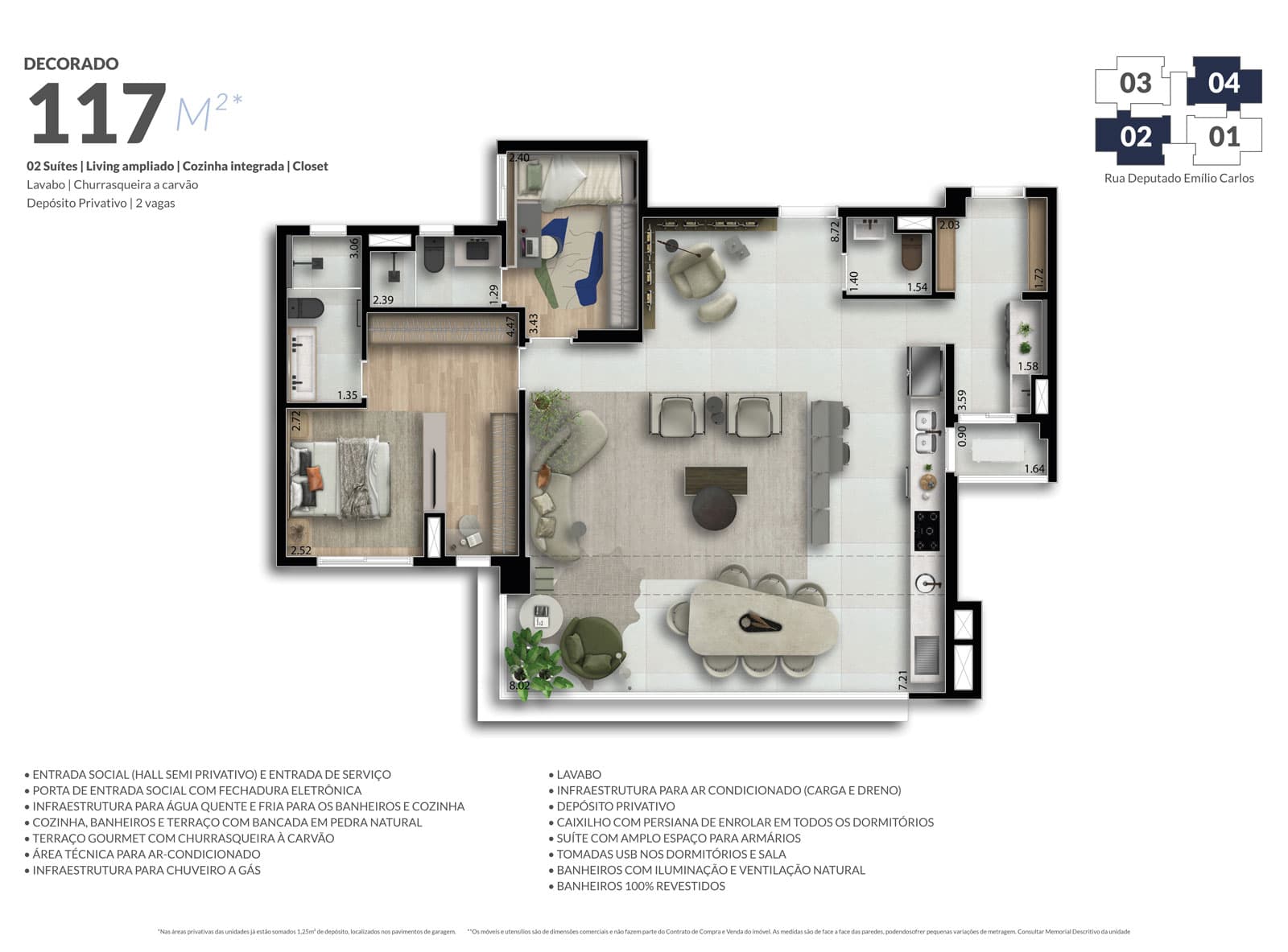 Planta baixa decorada do apartamento de 117 m² do Essence Vila Yara