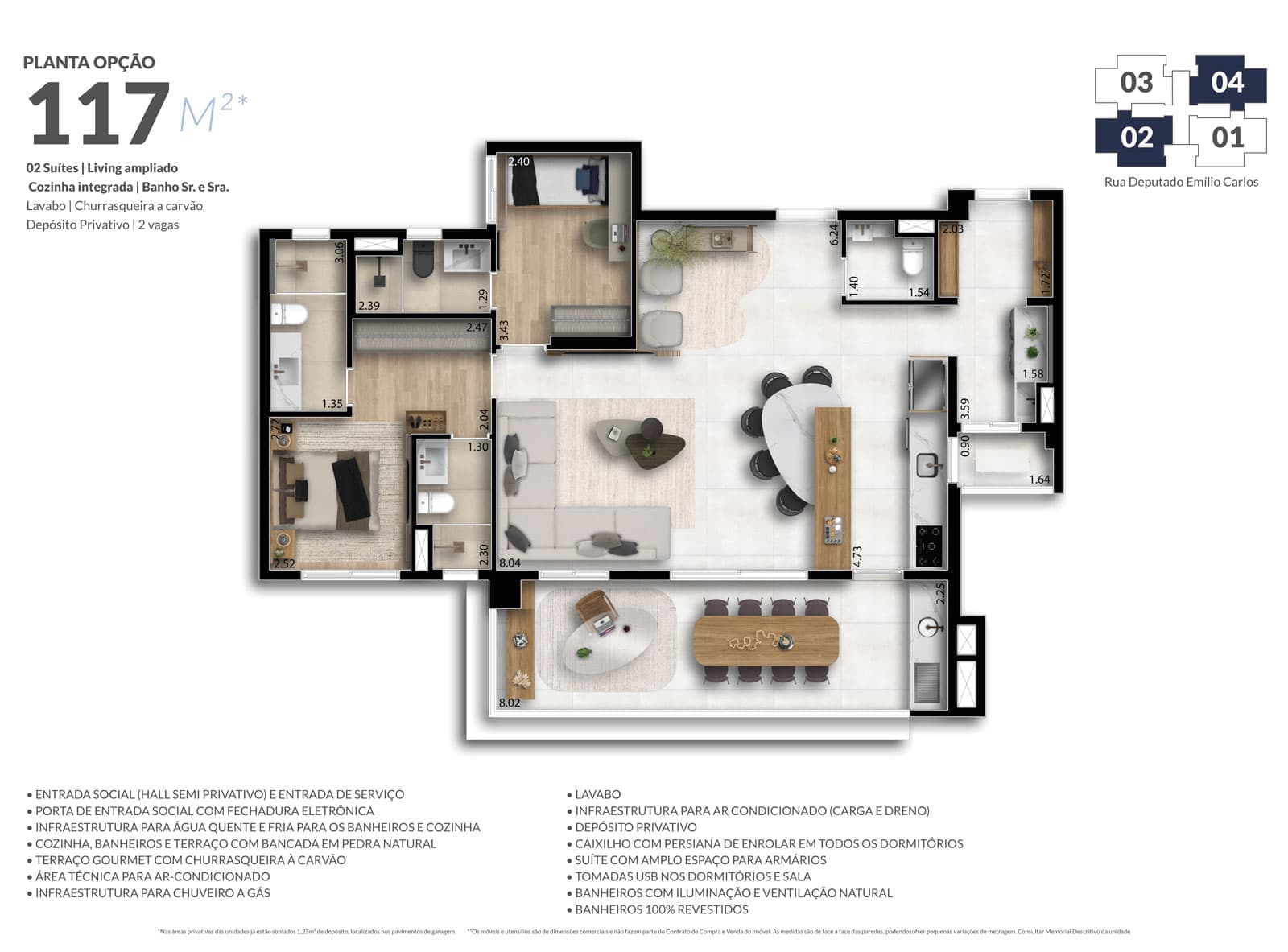 Planta baixa com living ampliado do apartamento de 117 m² do Essence Vila Yara