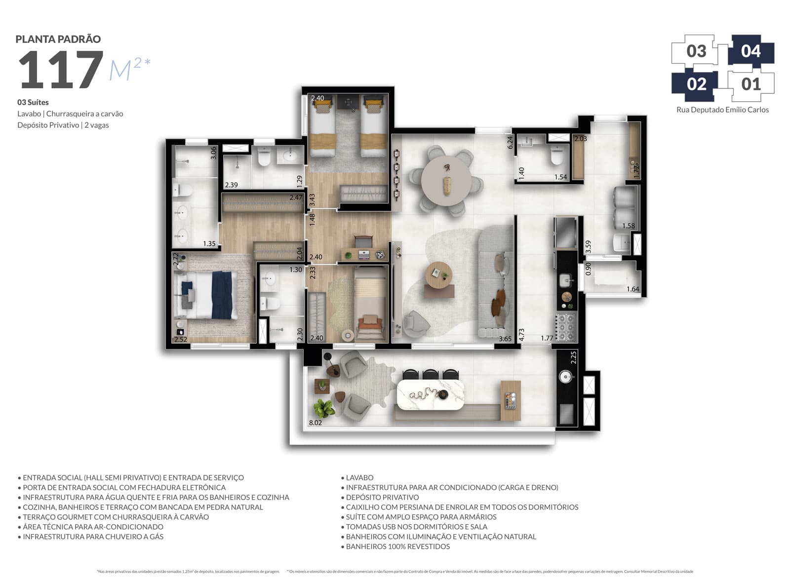Planta baixa padrão do apartamento de 117 m² do Essence Vila Yara